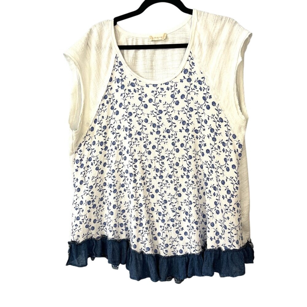 Altar'd State Blue Floral Mixed Media Gauzy Boho Peasant Top Size L